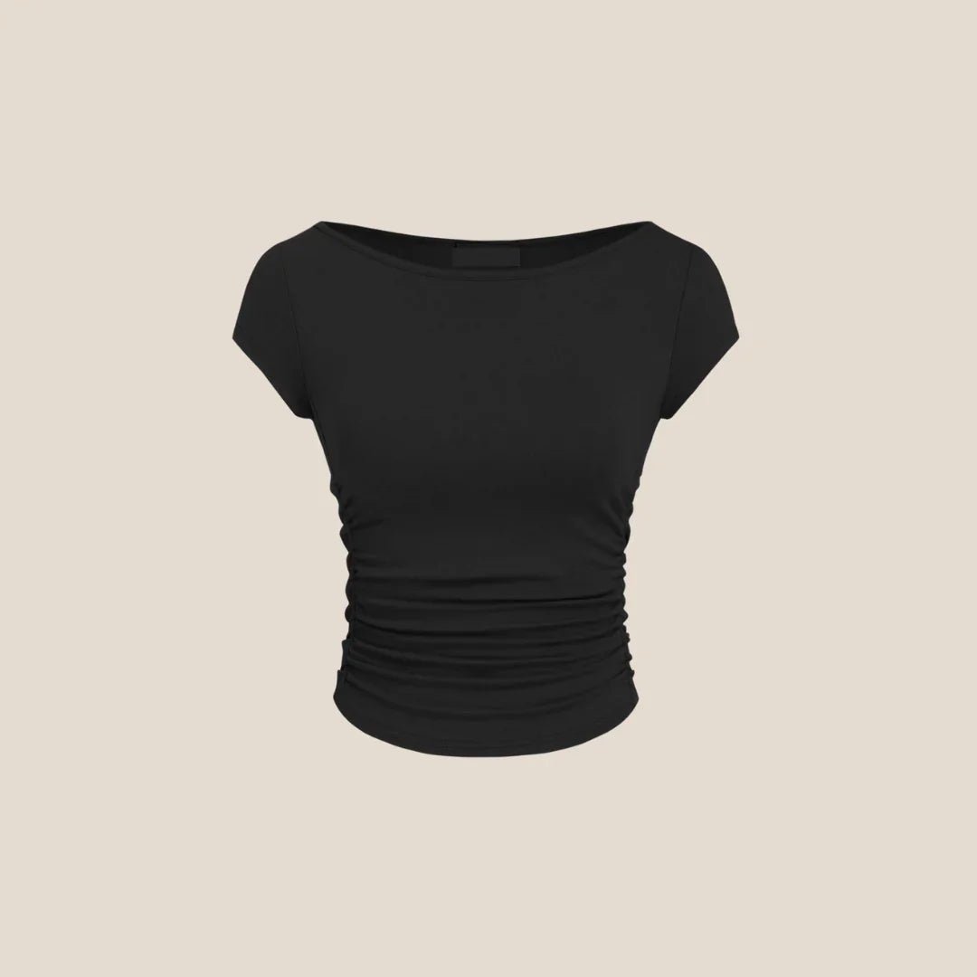 Olivia The Label black ruched short sleeve top, elevated essentials, Australian brand