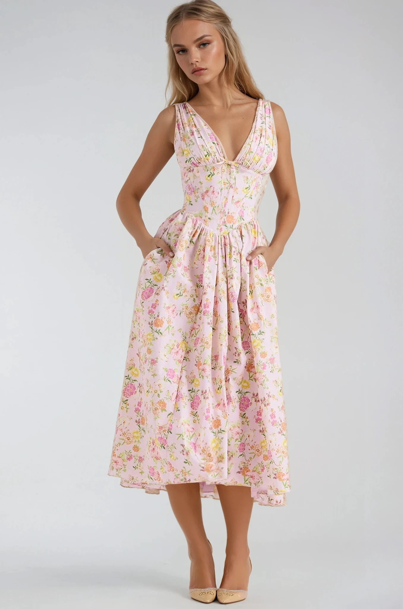 Amelia - Elegant Summer Midi Dress Olivia The Label Pink floral XS