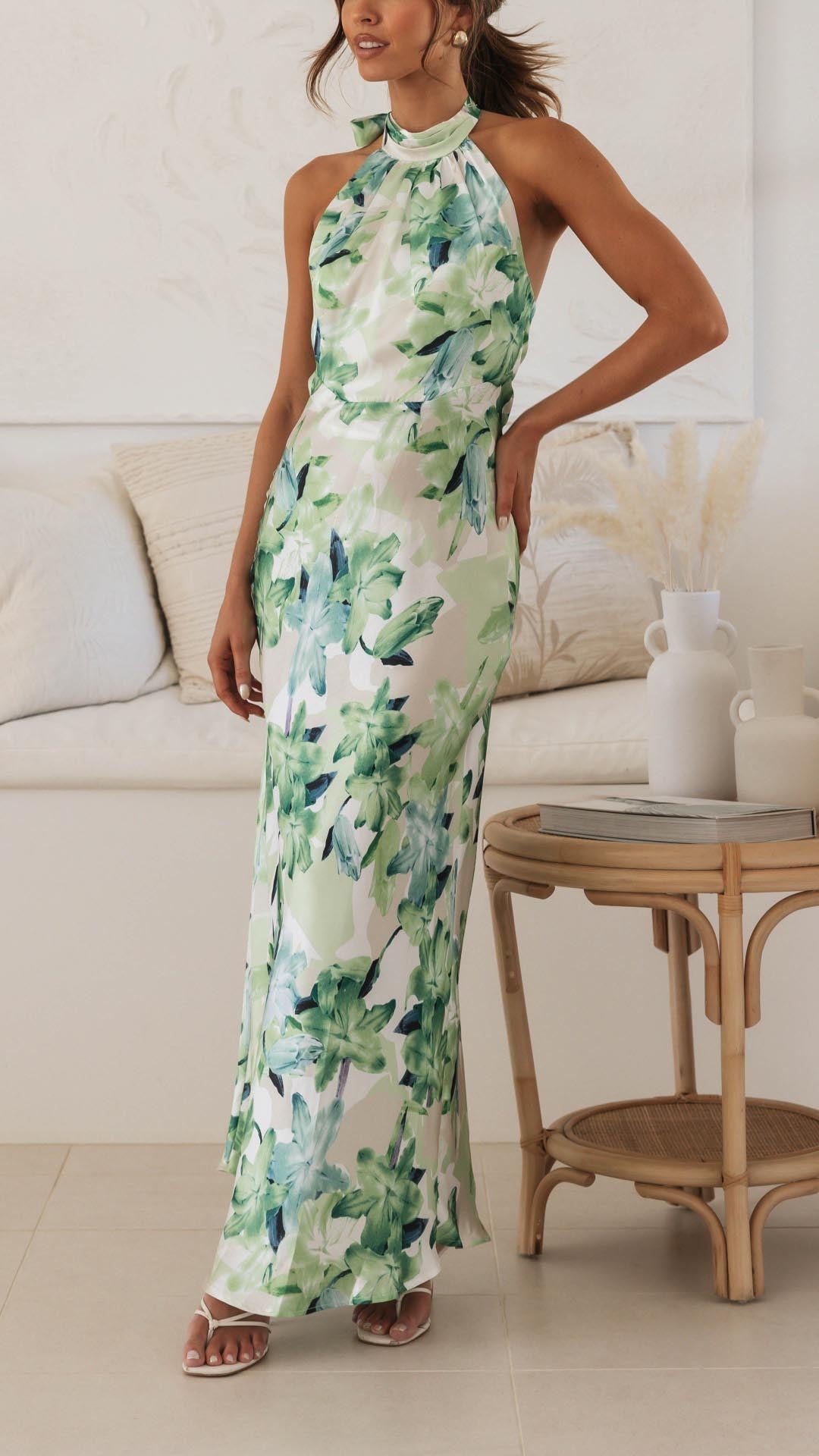 Nola Floral Halter Maxi Dress Olivia The Label Green XS