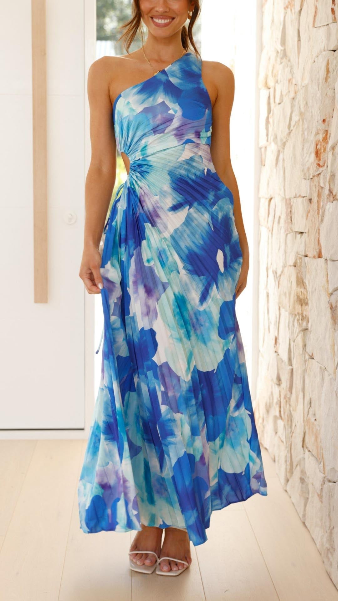 Remy - Floral Pleated One Shoulder Maxi Dress Olivia The Label Floral Blue XS