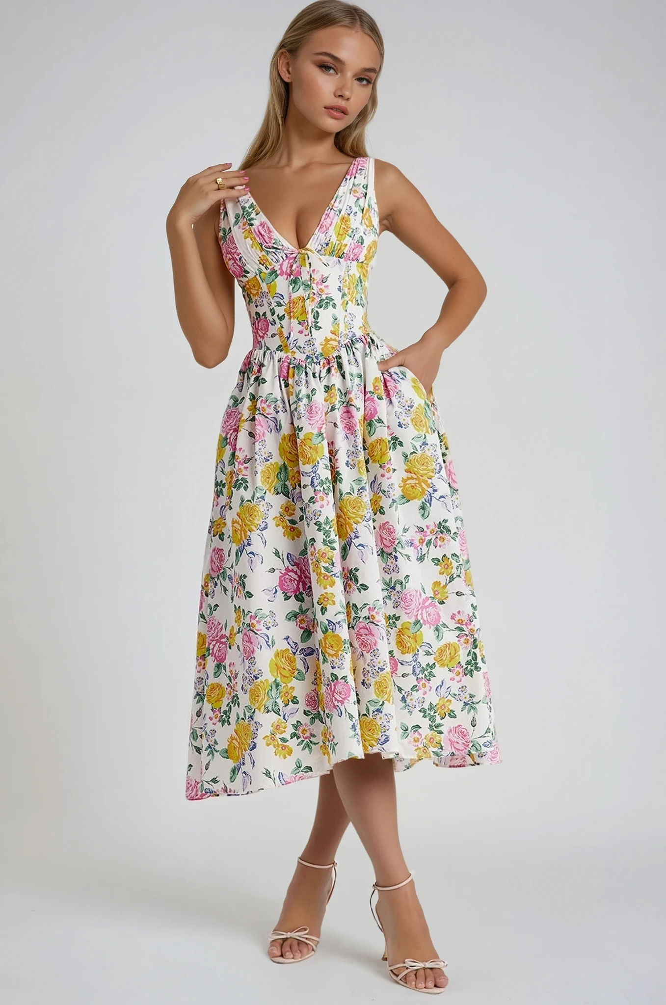 Amelia - Elegant Summer Midi Dress Olivia The Label Yellow floral XS