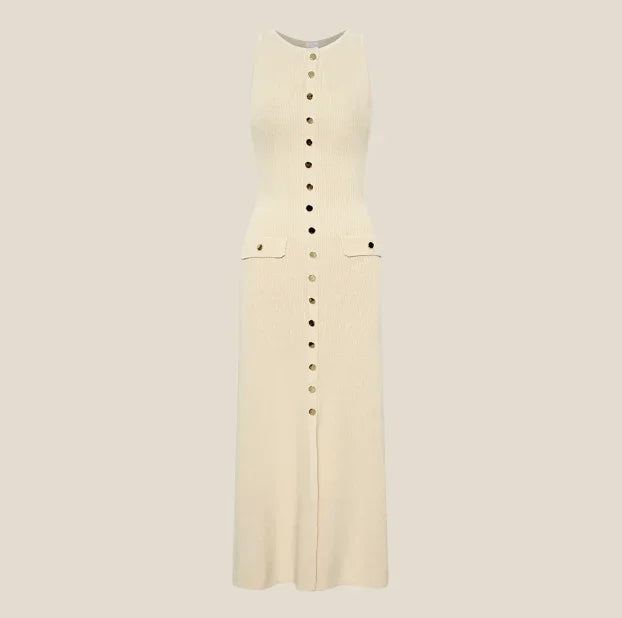Sleeveless cream knit maxi dress with front buttons, Olivia The Label elevated essential.