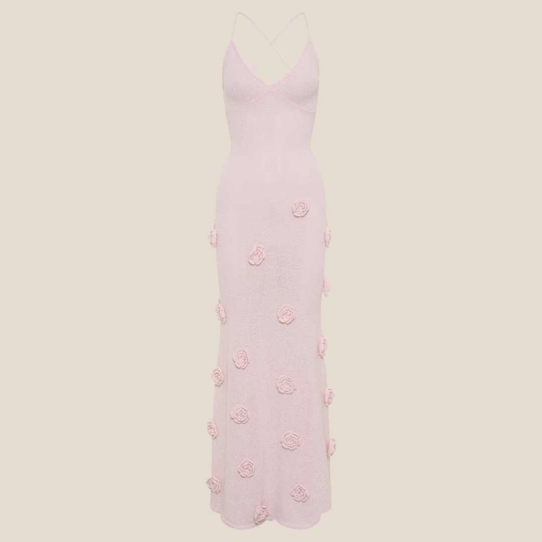 Light pink maxi dress with 3D rose appliqués and spaghetti straps, Olivia The Label