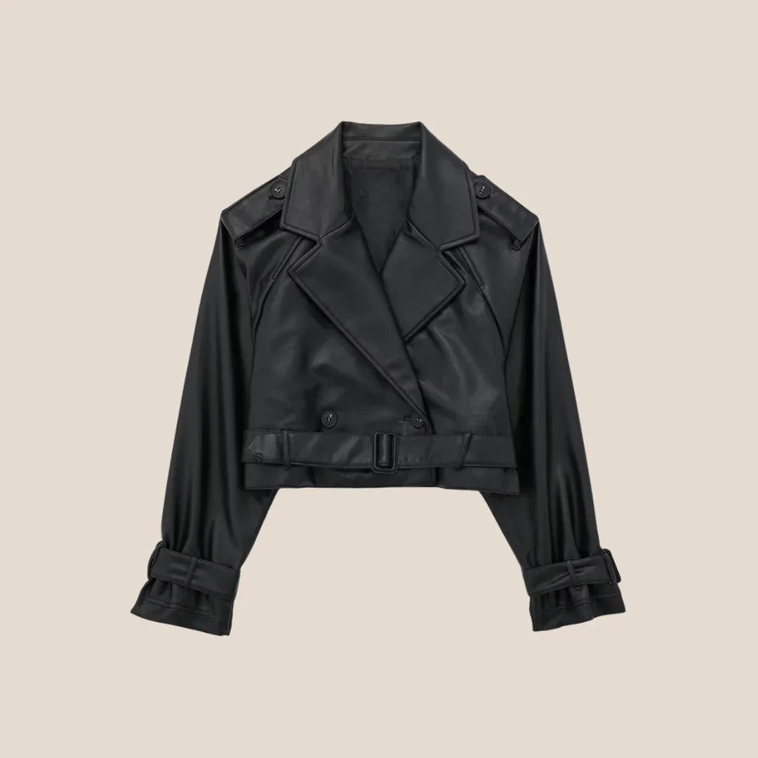 Olivia The Label cropped black faux leather jacket with belt and button details