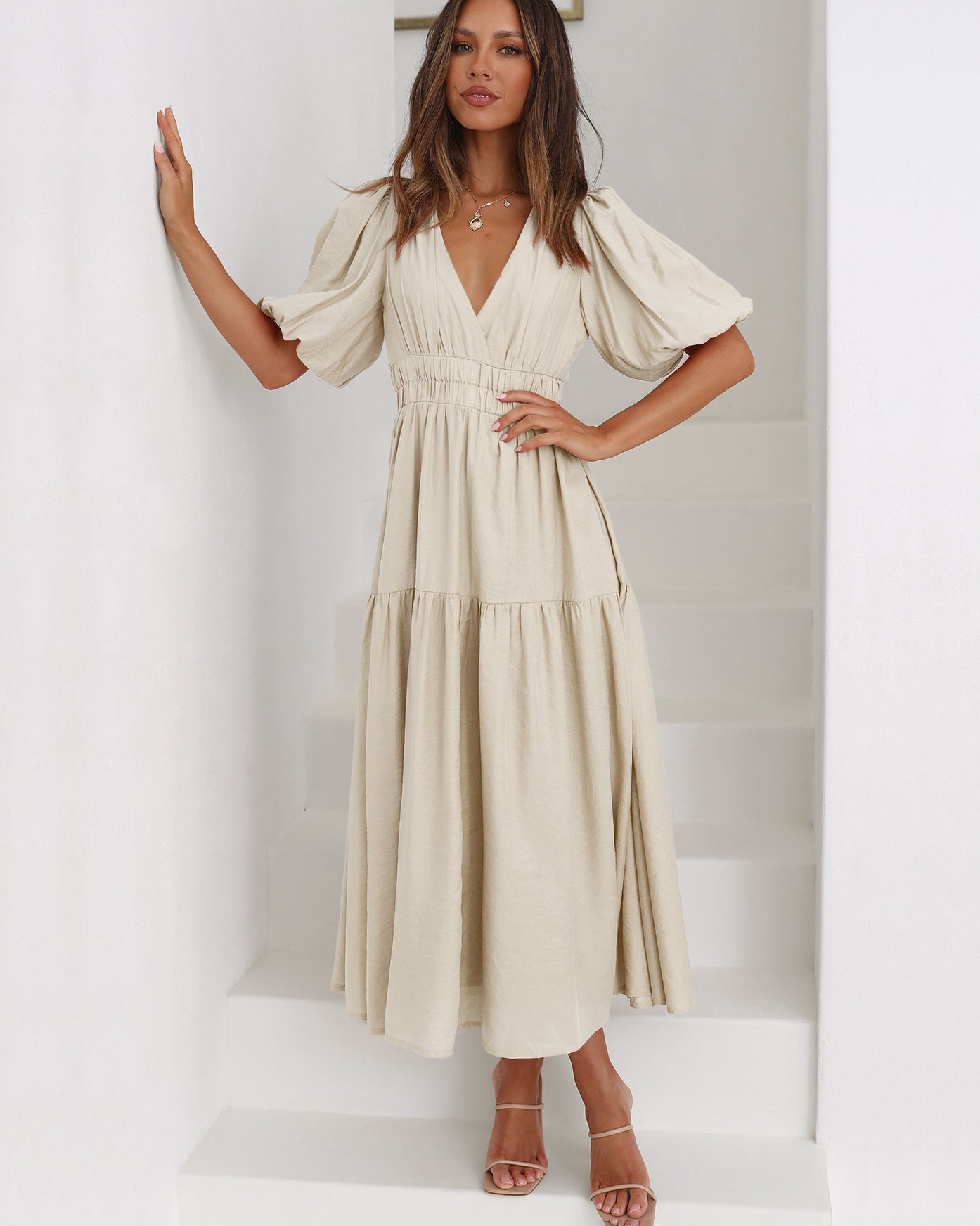 Seraphina - Puff Sleeves Midi Dress Olivia The Label Cream XS