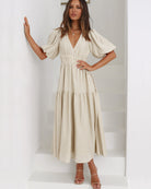 Seraphina - Puff Sleeves Midi Dress Olivia The Label Cream XS