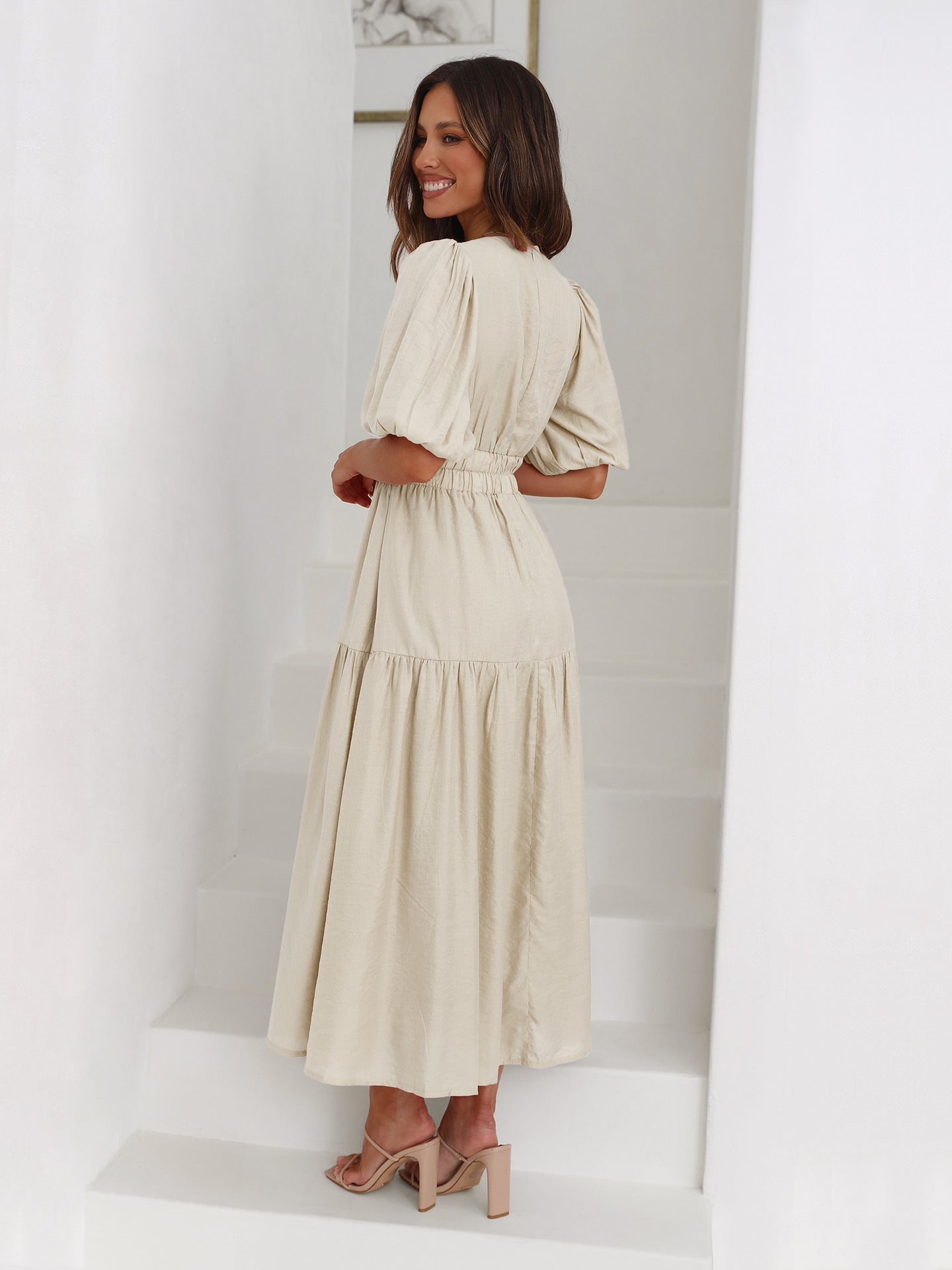 Seraphina - Puff Sleeves Midi Dress Olivia The Label