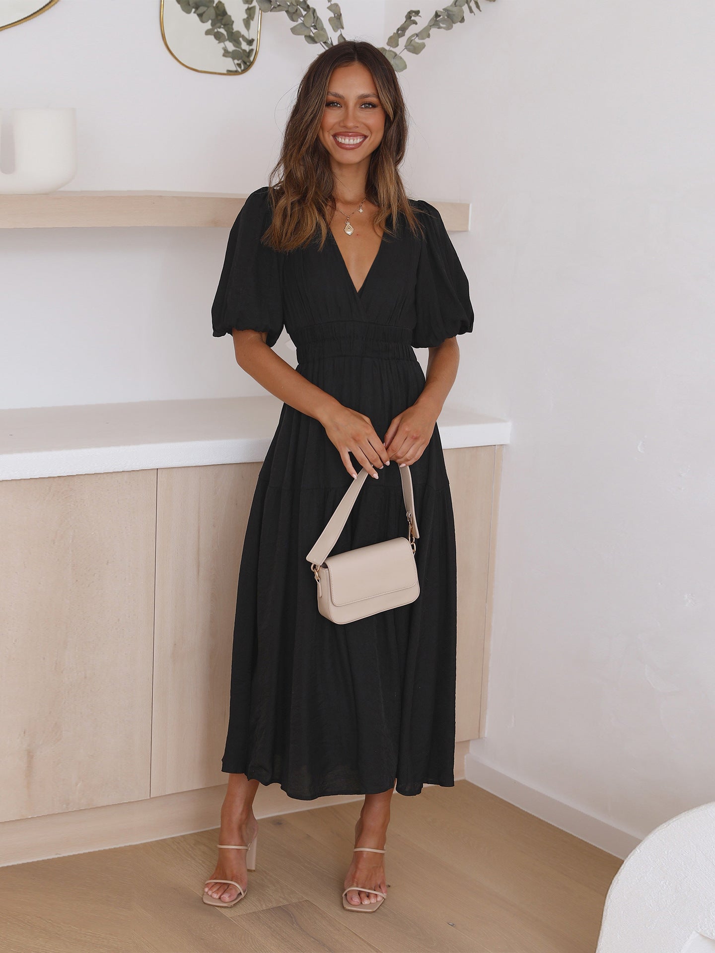 Seraphina - Puff Sleeves Midi Dress Olivia The Label Black XS