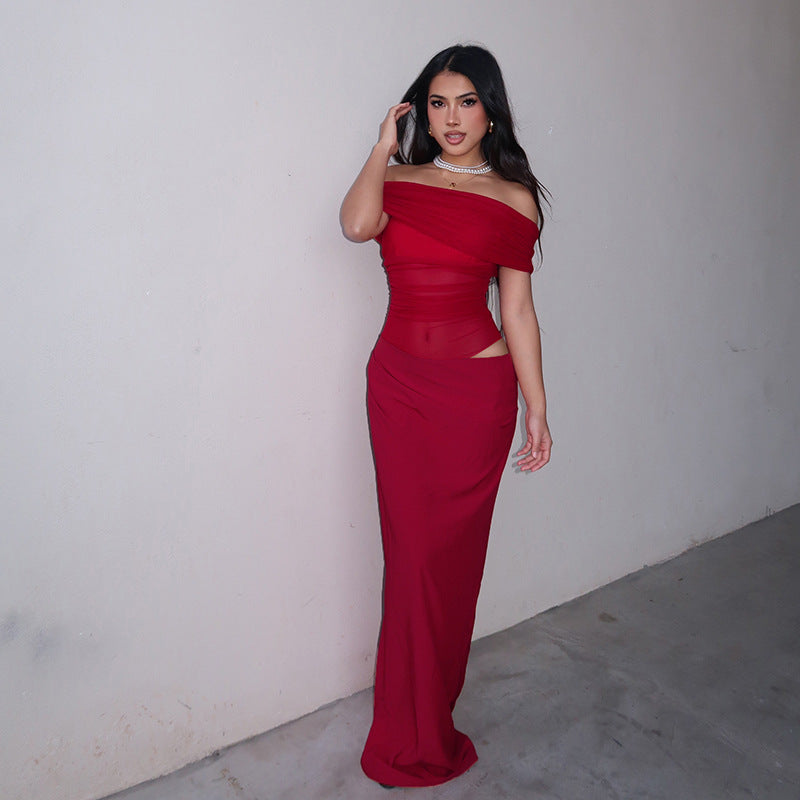 Aaliyah - Off-Shoulder Mesh Maxi Dress Olivia The Label Red XS