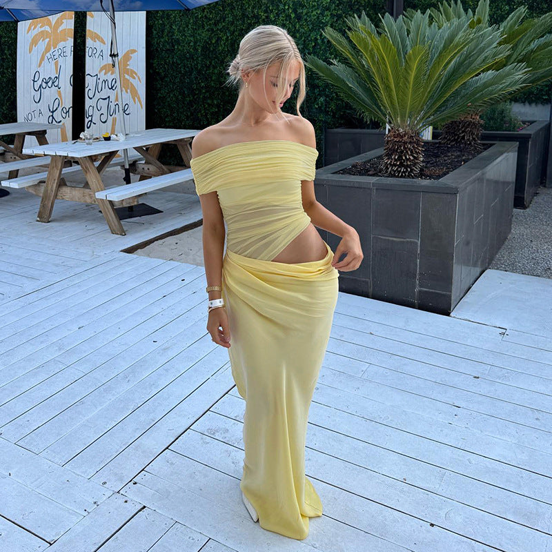 Aaliyah - Off-Shoulder Mesh Maxi Dress Olivia The Label Yellow XS