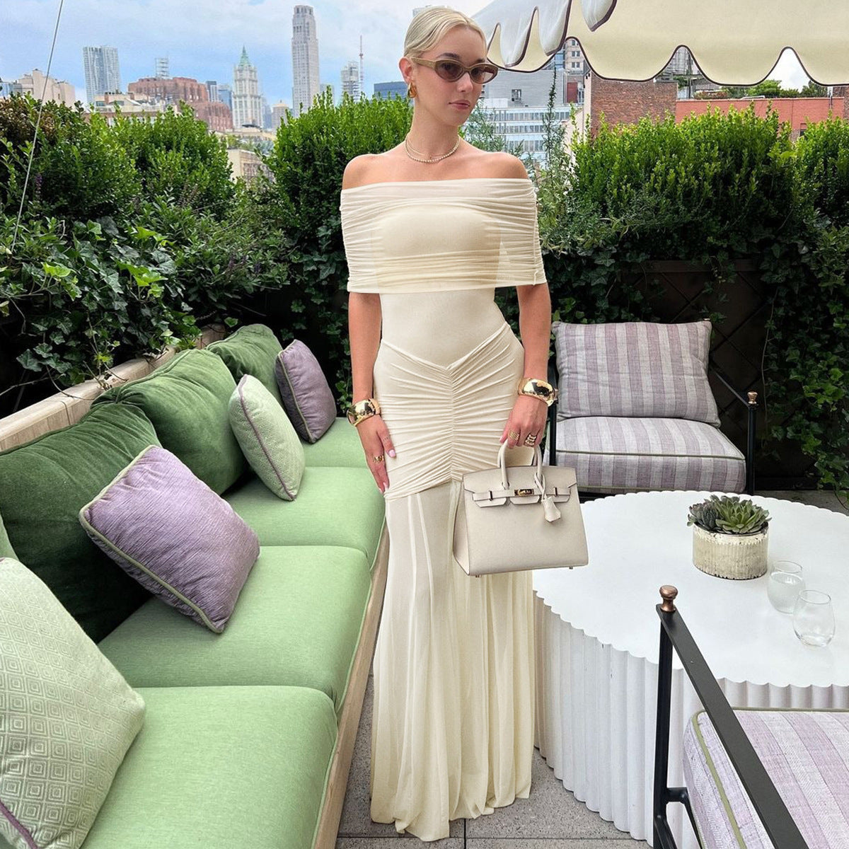 Maisie - Maternity Off-Shoulder Pleated Mesh Maxi Dress Olivia The Label Apricot XS