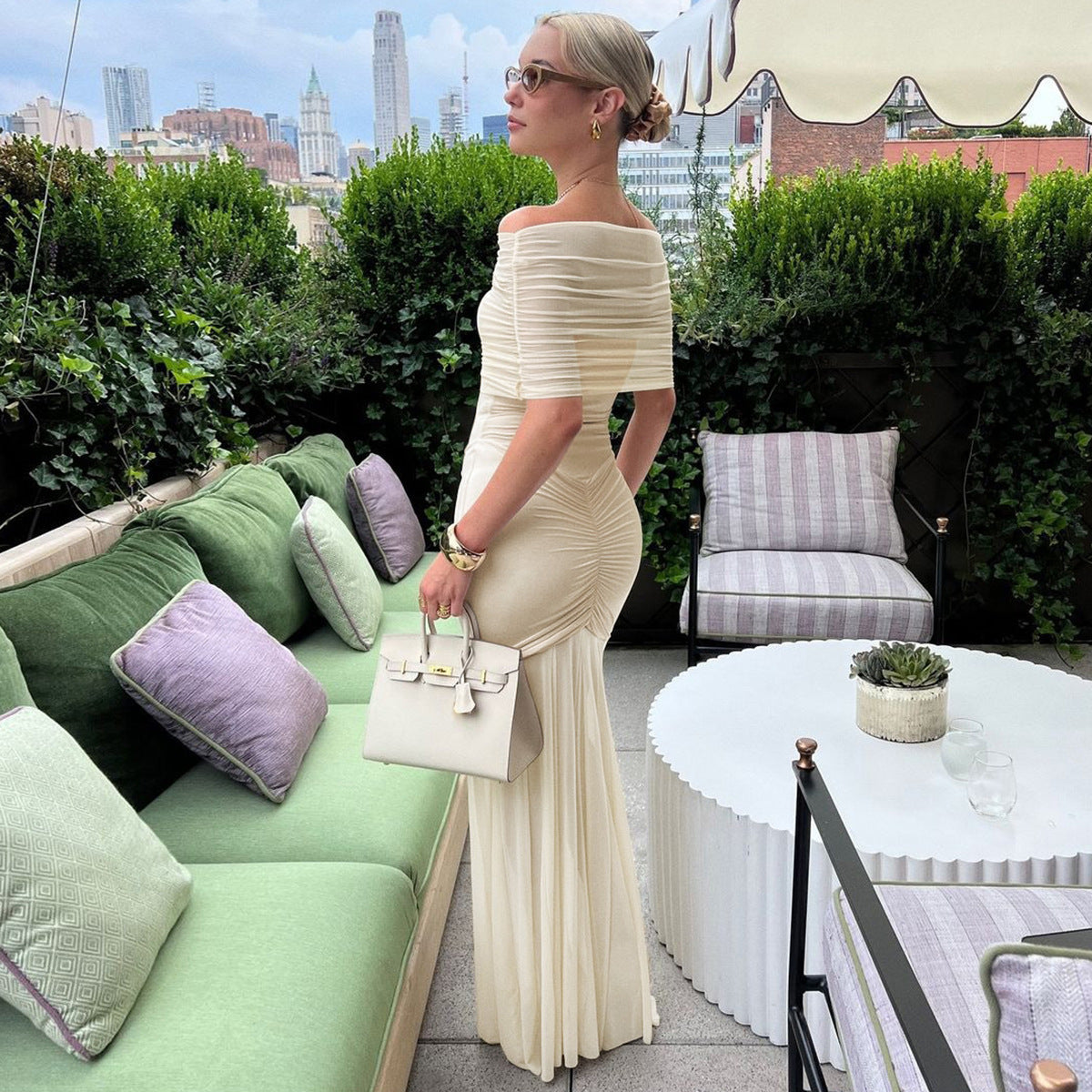 Maisie - Maternity Off-Shoulder Pleated Mesh Maxi Dress Olivia The Label