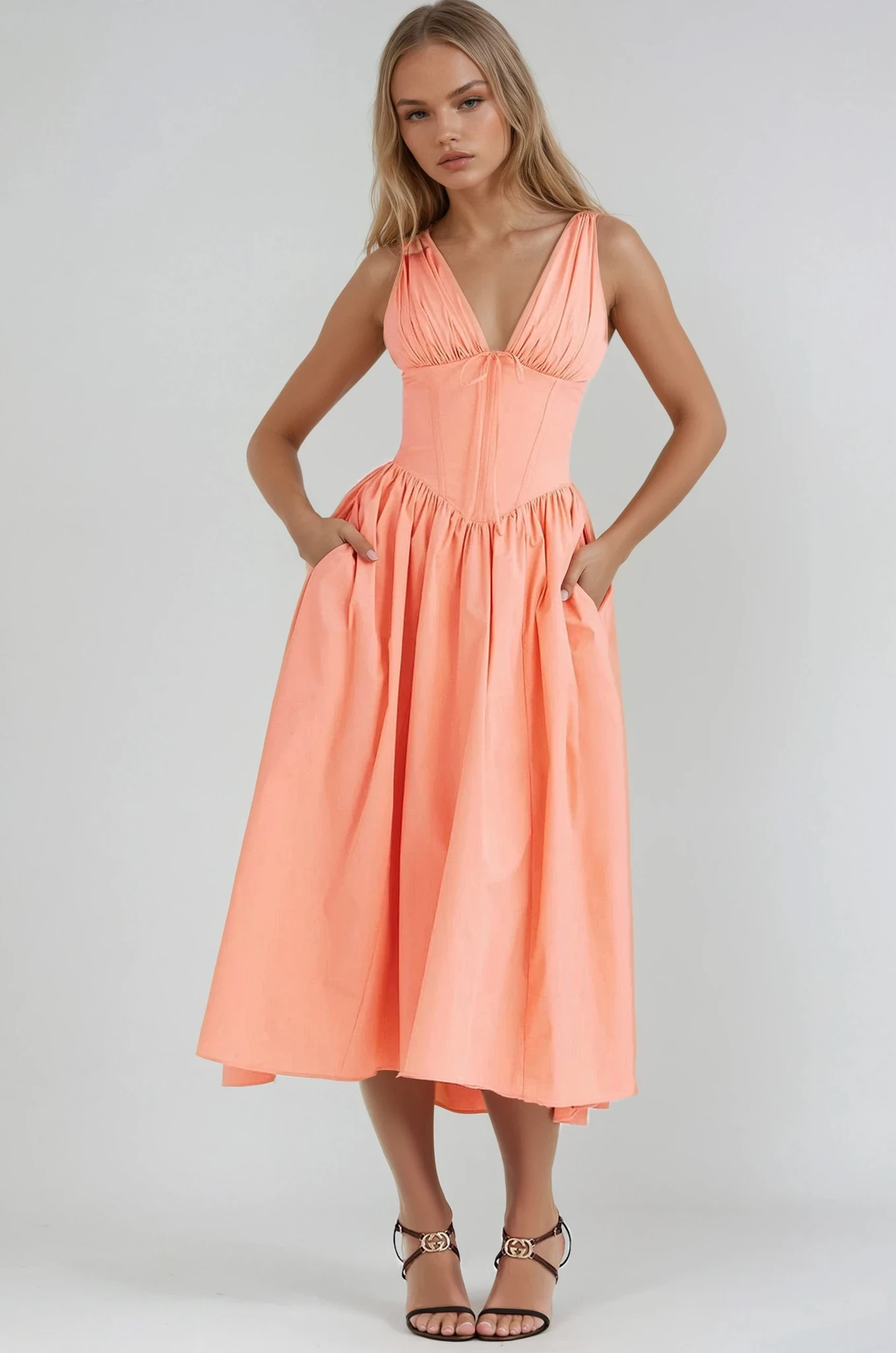 Amelia - Elegant Summer Midi Dress Olivia The Label Peach XS