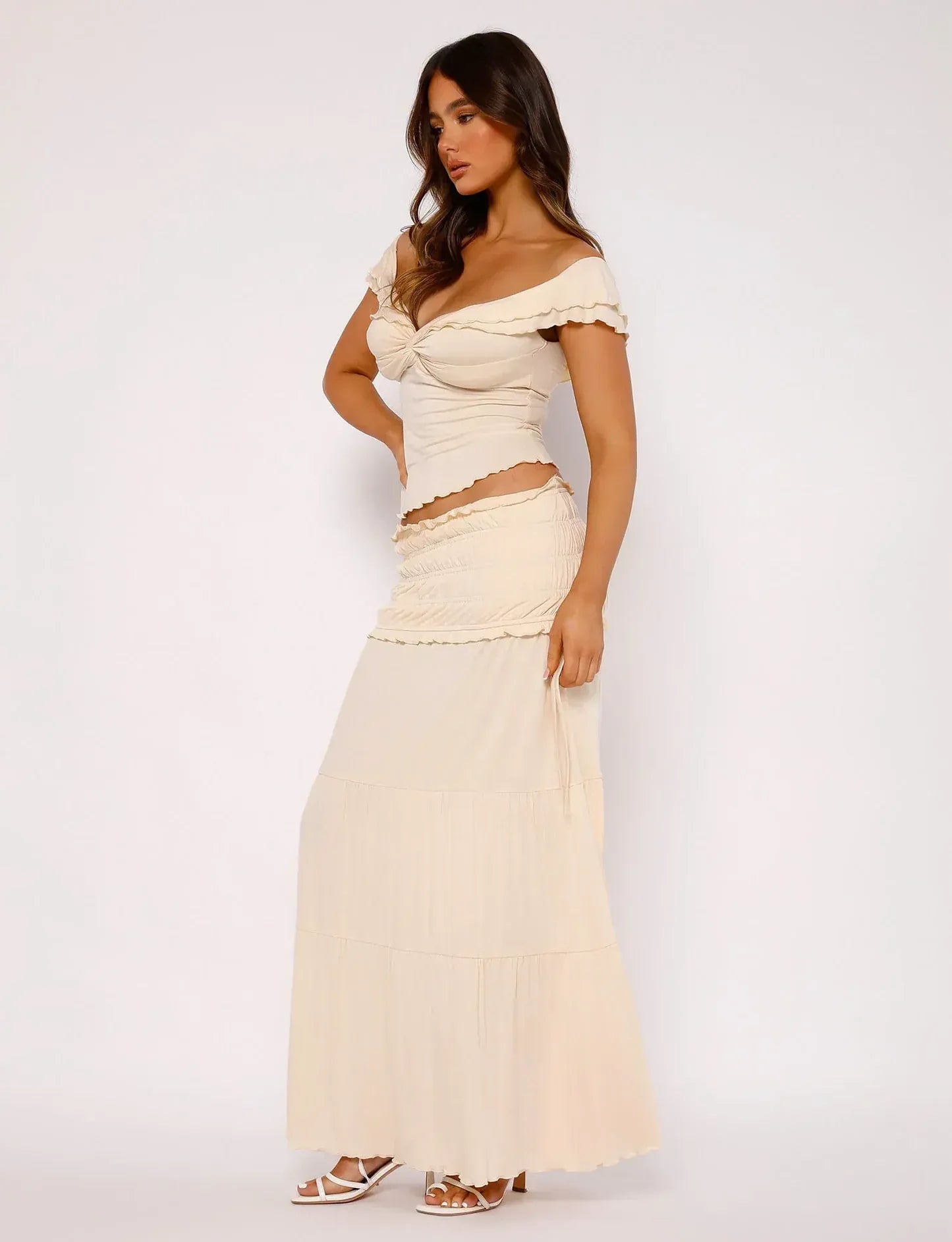 Lottie - Ruffled Top with Maxi Skirt Boho Set Olivia The Label Beige XS