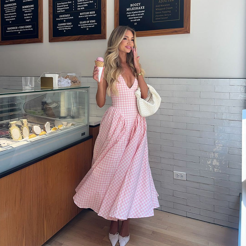 Celeste - Plaid Print Midi Dress Olivia The Label Pink XS