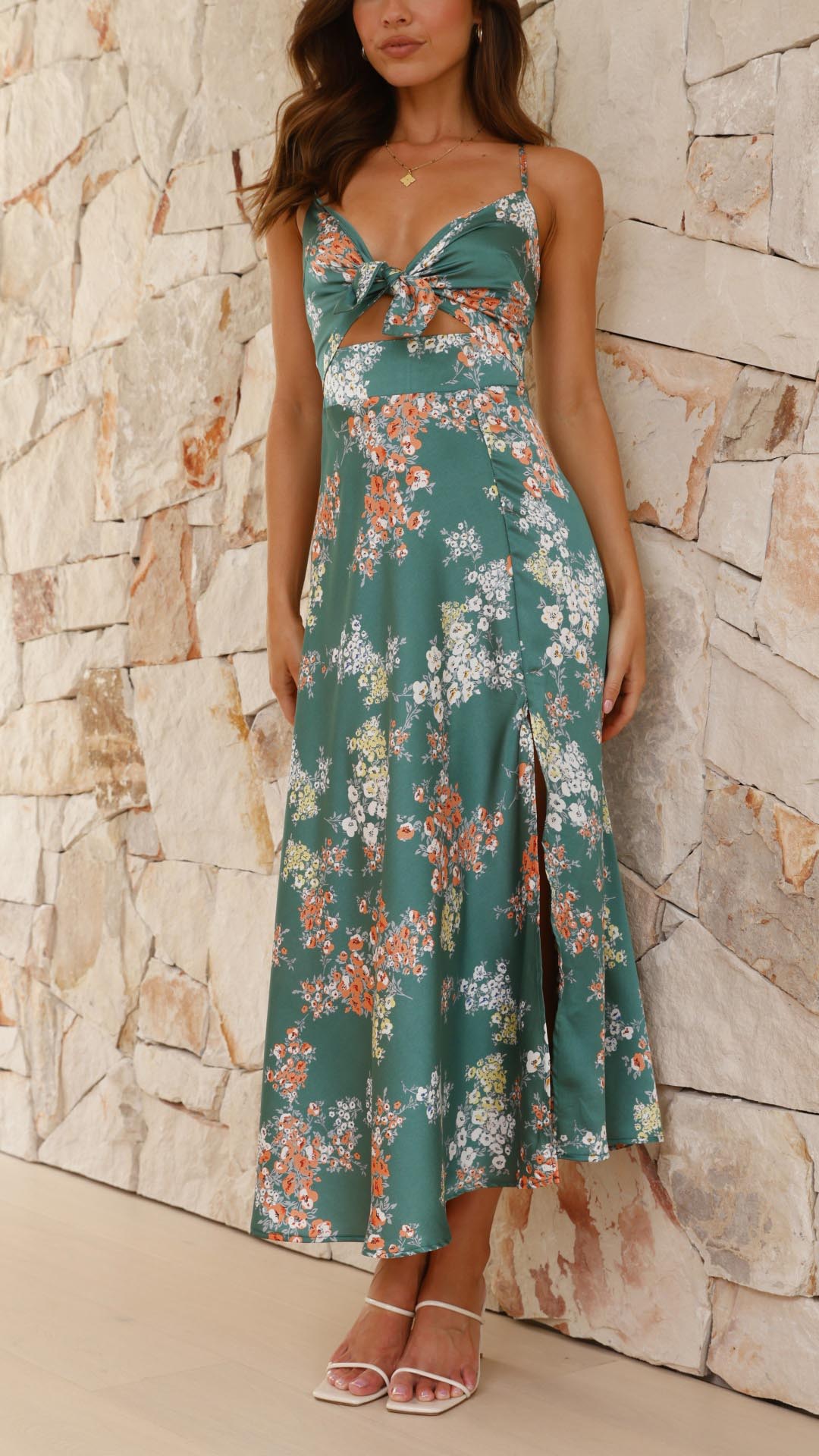 Rylee - Satin Floral Split Midi Dress Olivia The Label