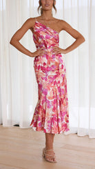 Florence - Floral One Shoulder Midi Dress Olivia The Label Pink XS