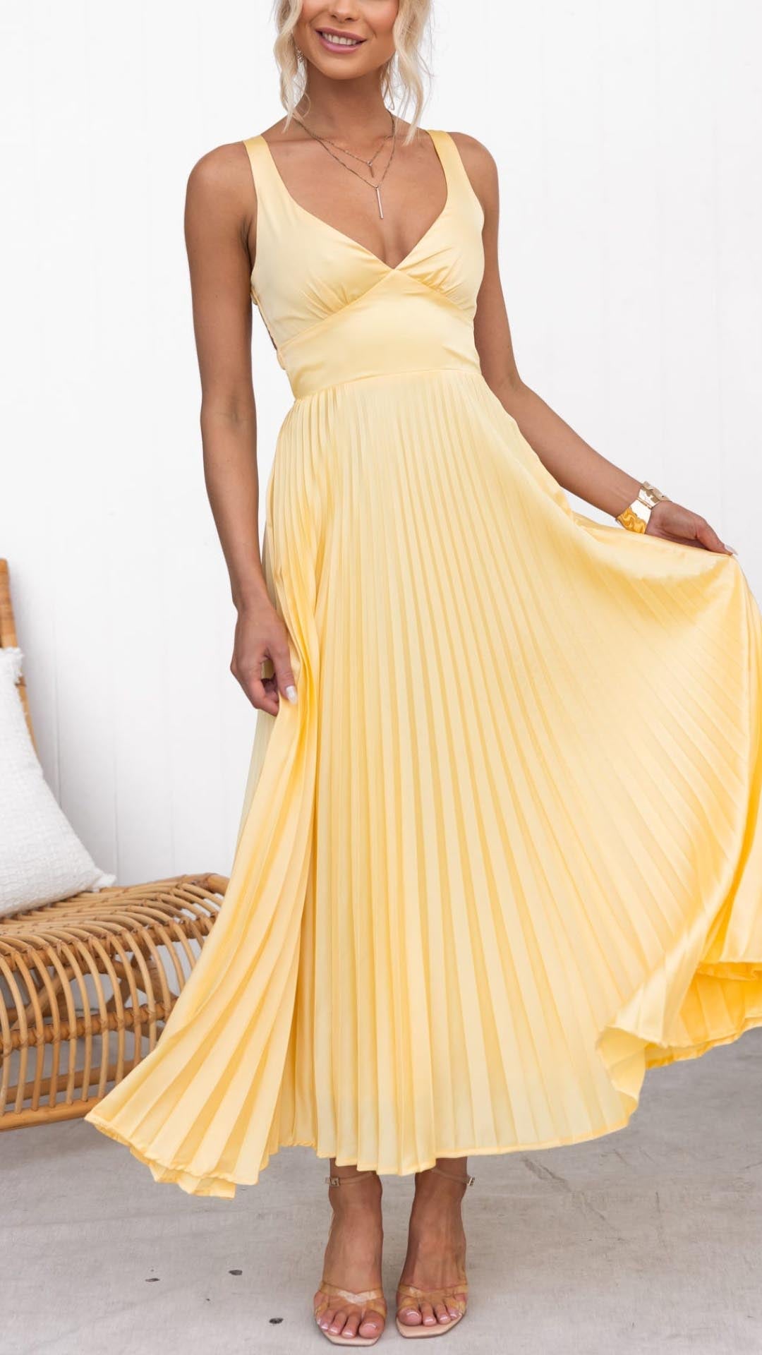Emily - Pleated V-Neck Maxi Dress Olivia The Label Yellow XS