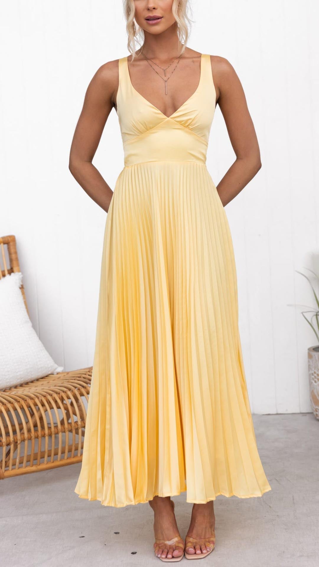 Emily - Pleated V-Neck Maxi Dress Olivia The Label