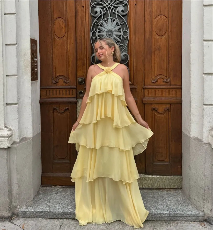 Amira - Ruffle Backless Maxi Dress Olivia The Label Yellow XS