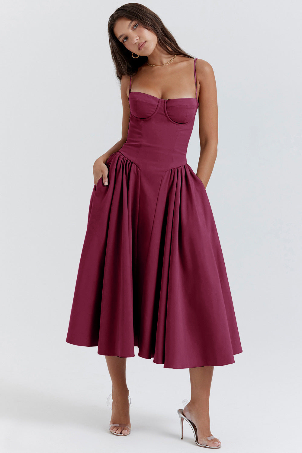 Laura - Waist Shaper Midi Sundress Olivia The Label Plum red XS